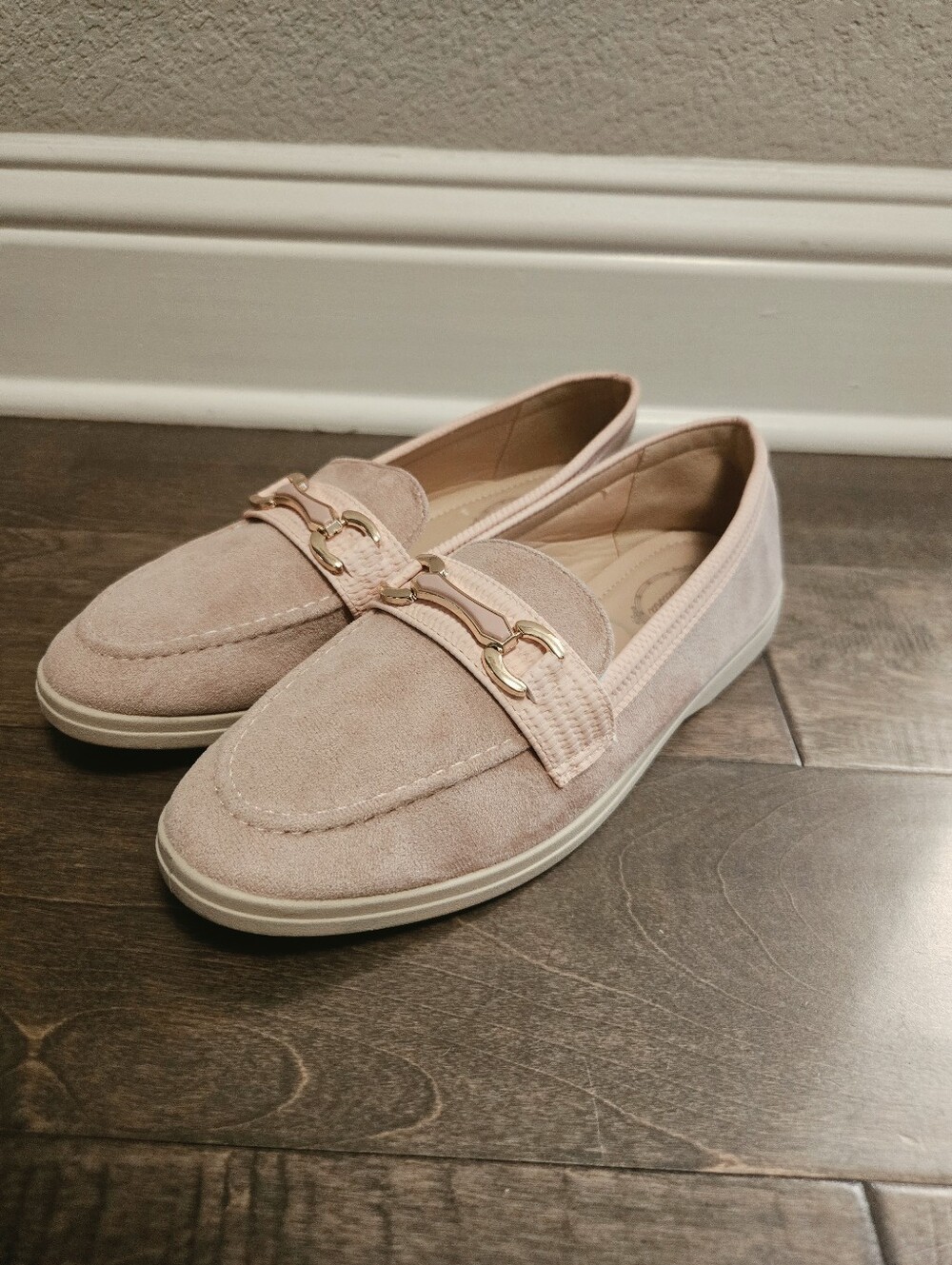 Pink Suede Loafers With Gold And Pink Metal Buckle Womens Size 7.5, Atalina